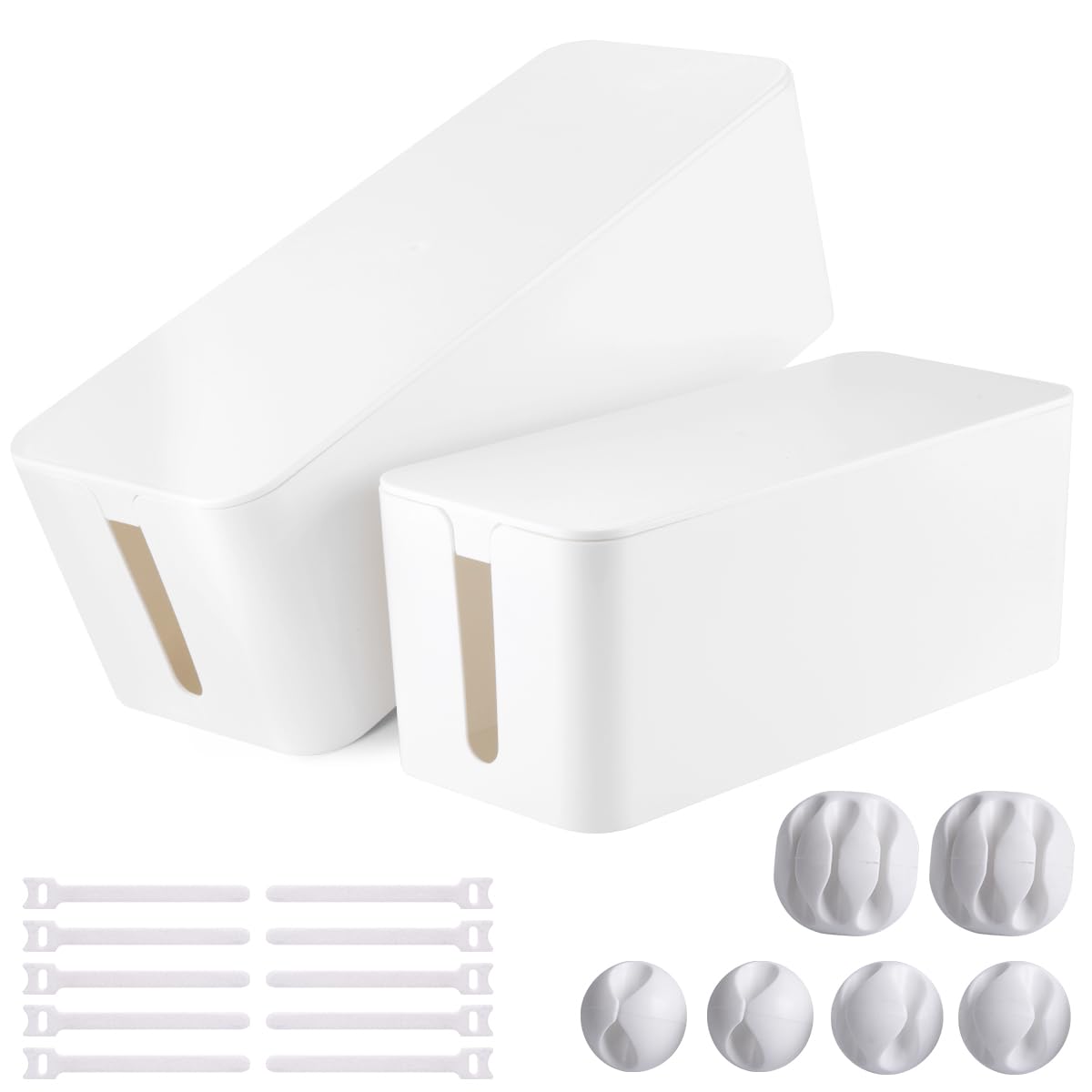 Cable Management Box, 2 Pack Large & Medium Cable Organizer Box With 17 Pcs Cable Management Set, Cord Organizer Box To Hide Sur