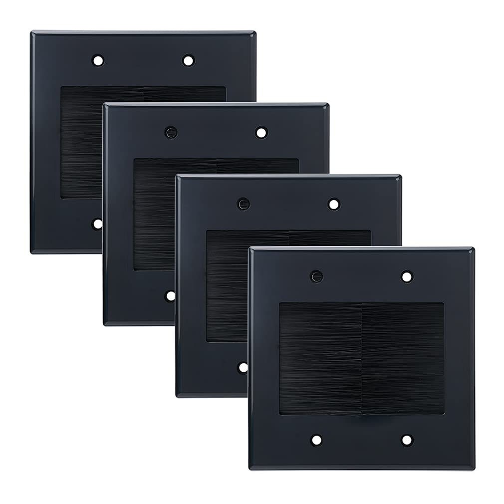 Kebulldola 2 Gang Brush Wall Plate (Black, 4 Pack), Double Gang Cable Wall Plate For Power Cords, Low Voltage Cables And Wires I