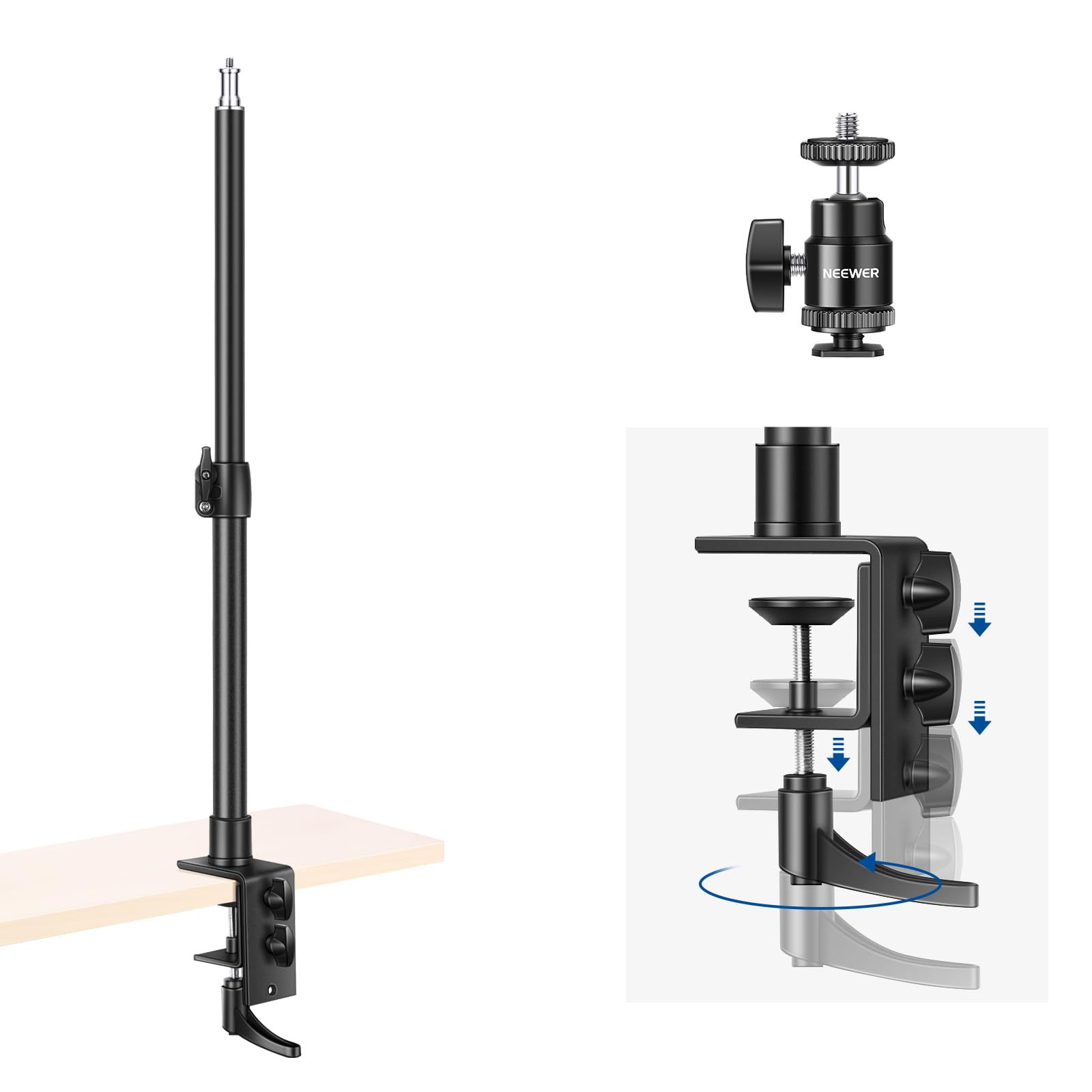 Neewer Camera Desk Mount With C Clamp, 2 Pack 13.8'' 23.6'' Adjustable Desktop Light Stands With 1/4'' Ball Heads Cold Shoe Adap
