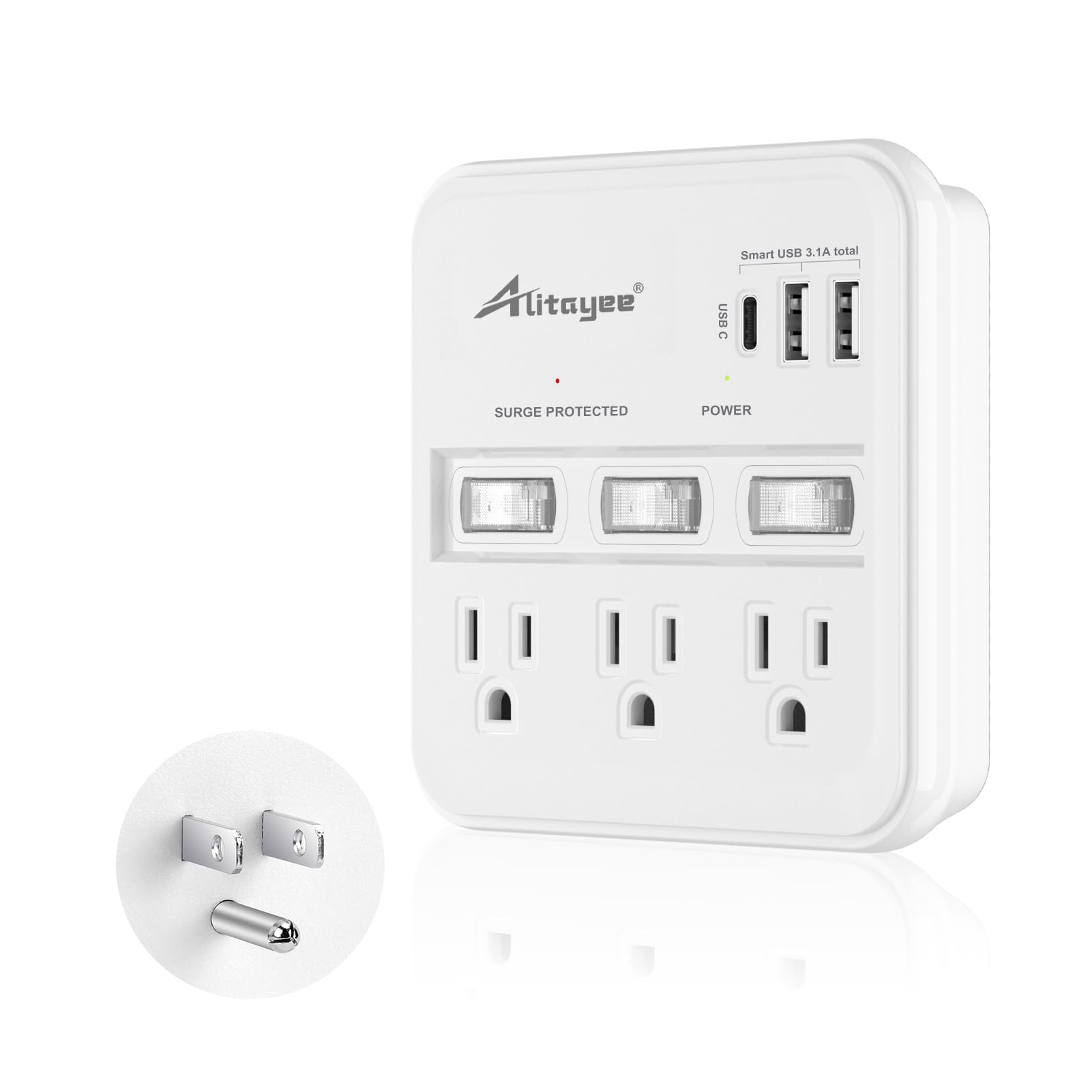 Alitayee Wall Outlet Extender Surge Protector, Usb Power Strips With Individual Switches And 15.5W Type C Fast Charging Ports Fo