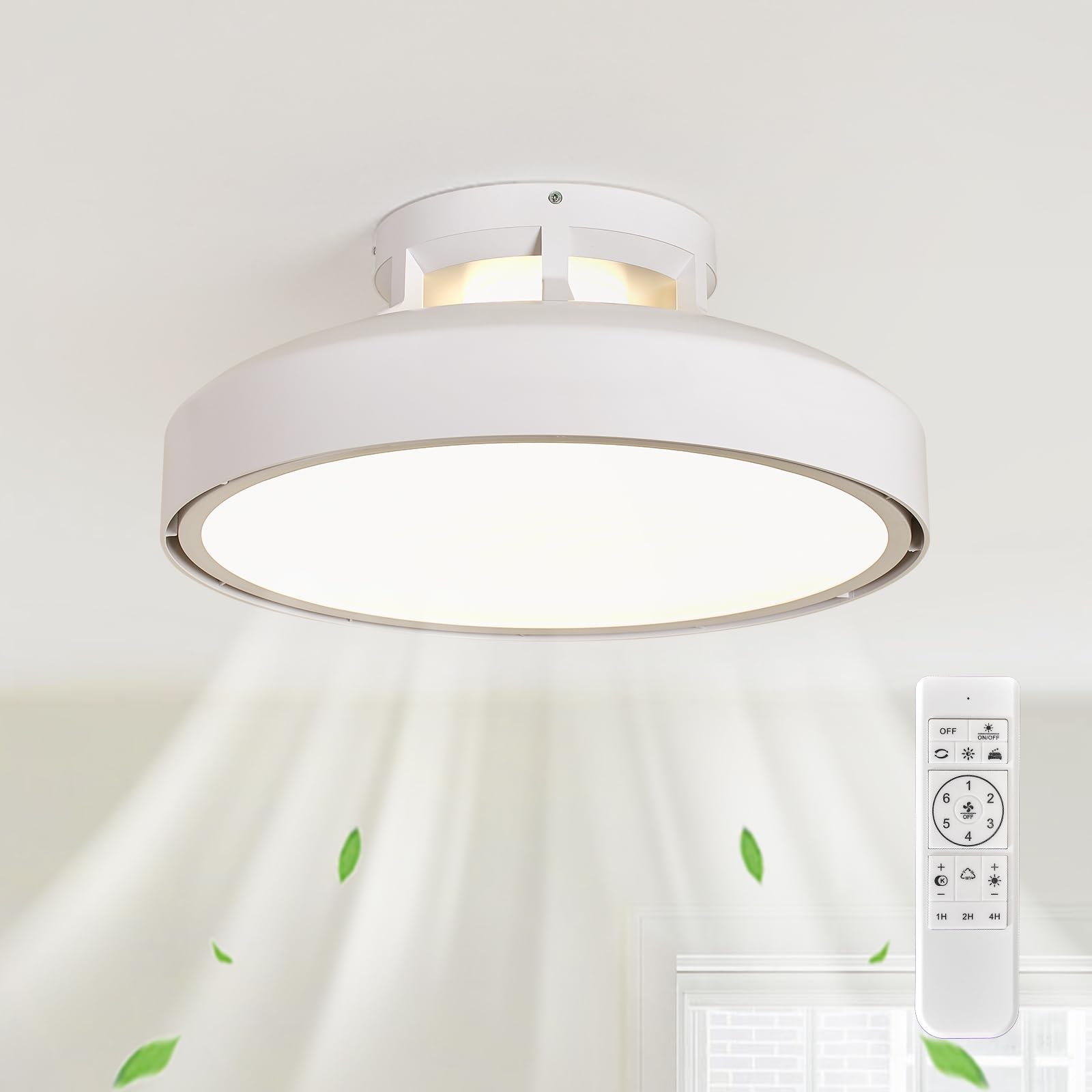 Monikessy Modern Bladeless Ceiling Fans with Lights and Remote, 18.9 White Embedded Ceiling Fan Light, Flush Mount Dimmable LED 