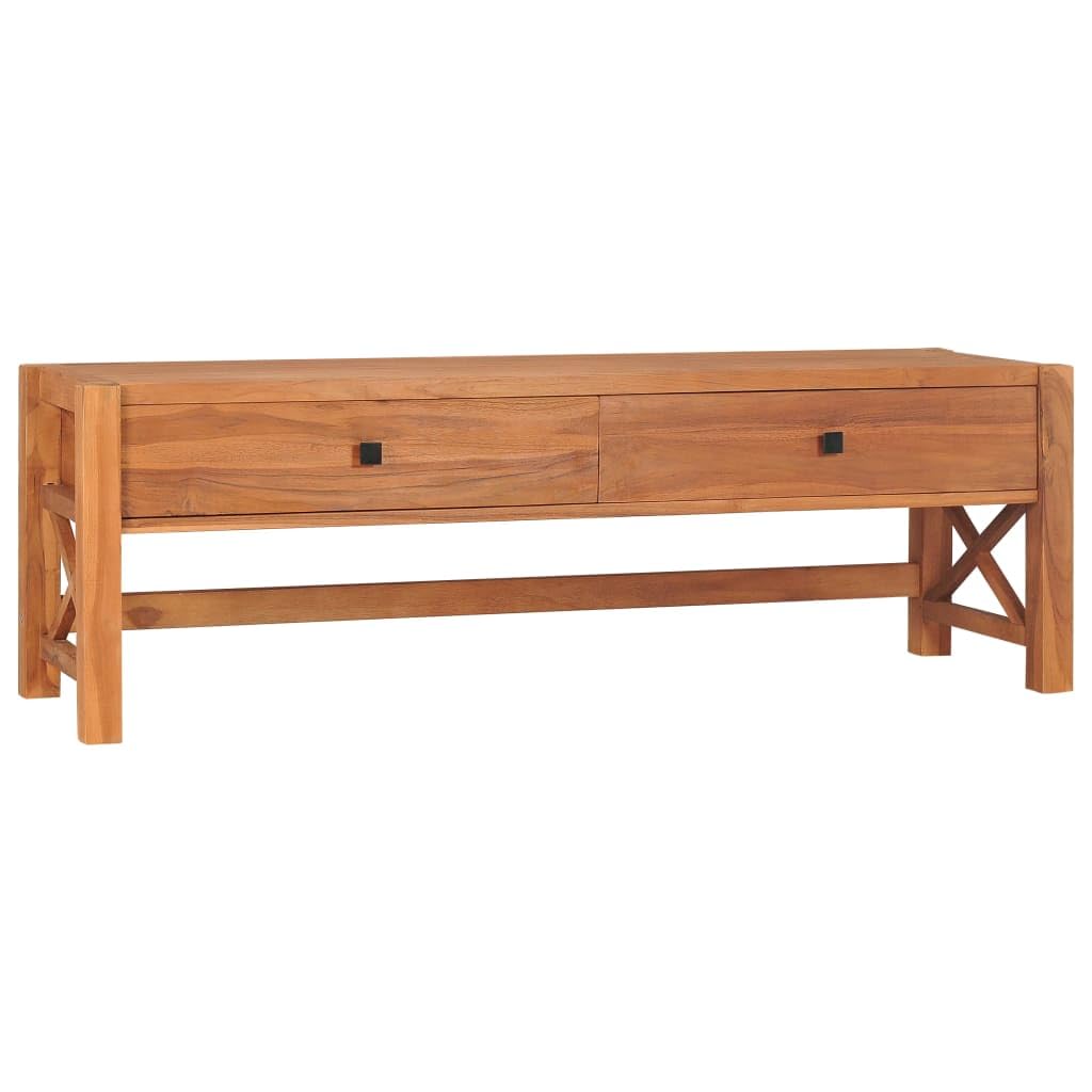 Vidaxl Farmhouse Style Tv Stand In Durable Teak Wood   55.1''X15.7''X17.7'' Brown Television Cabinet With 2 Drawers, Sturdy Top