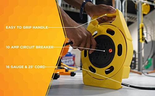 Woods 2801 Extension Reel With Four 3 Prong Power Outlets; Heavy Duty Retractable Cord; User Friendly; Made Of Flame Resistant Materials; 10 Amp Circuit Breaker; 25 Foot; Yellow; Orange