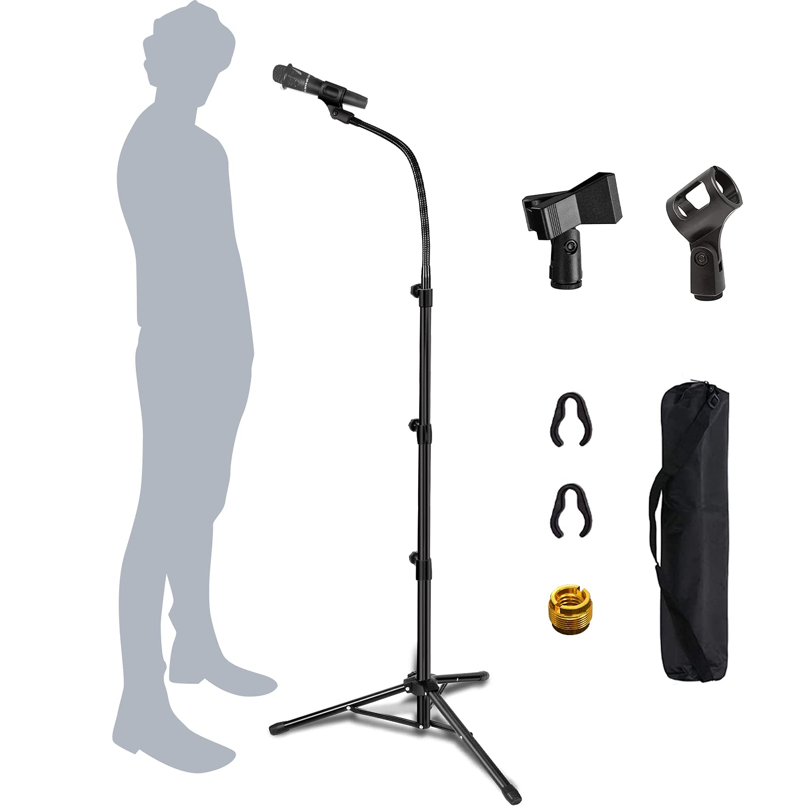 Mic Stand Boom Microphone Stands Tripod Gooseneck Mic Arm Stand Height Adjustable 3'  6' With Mic Clips And 3/8''   5/8'' Adapte