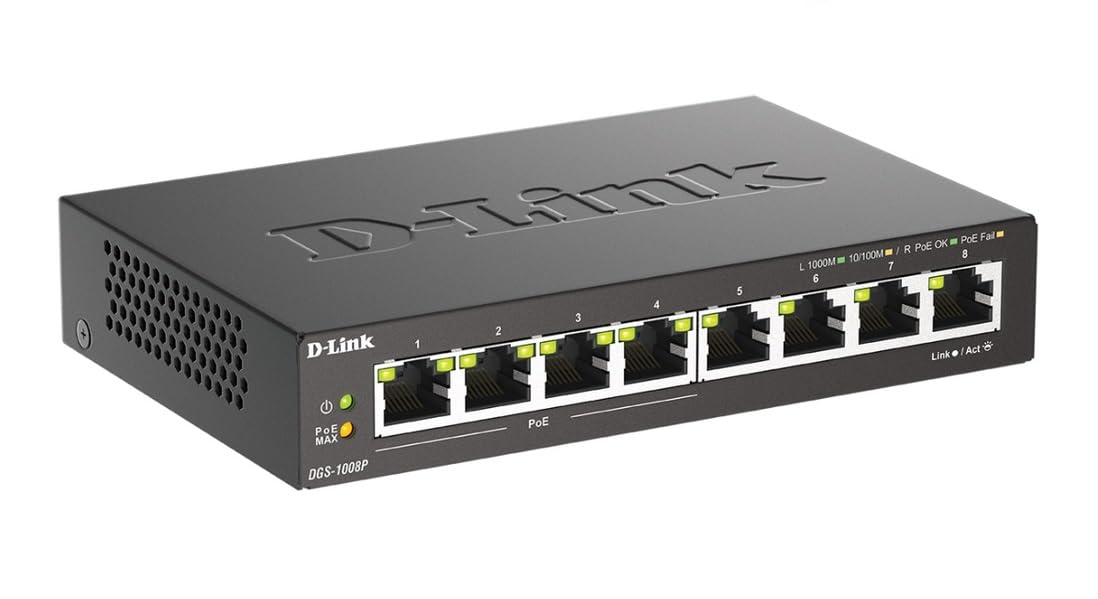D Link Poe Switch, 8 Port Ethernet Gigabit Unmanaged Desktop Switch With 4 Poe Ports 68W Budget (Dgs 1008P),Black