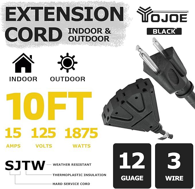 Yojoe 3 Outlets Indoor Outdoor Extension Cord, 3 Prong 15A Weatherproof Power Cord Multiple Outlets, 12 Gauge Heavy Duty 10 Ft B