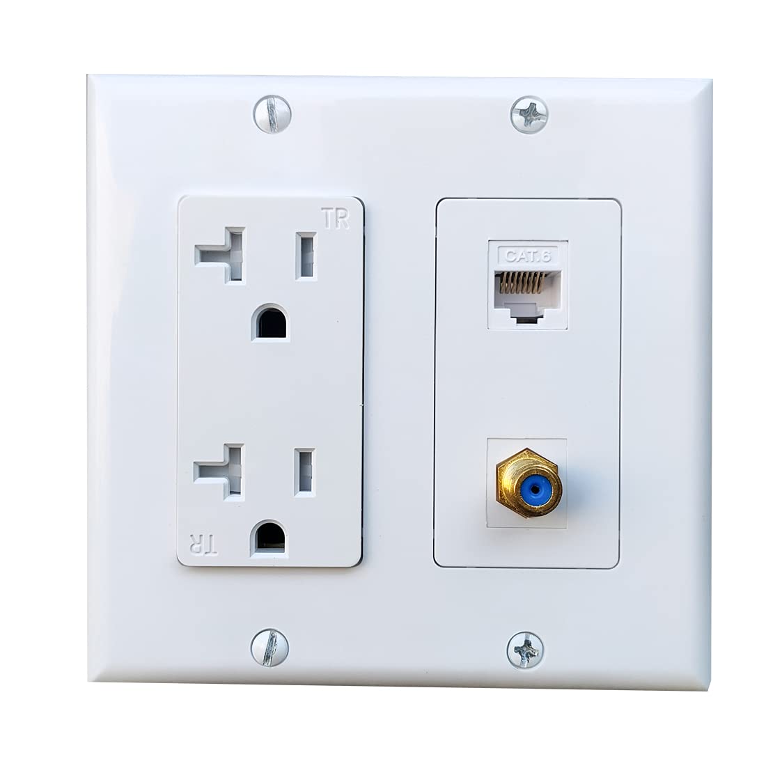 Boplat 2 Gang Ethernet Coax Wall Plate With 20Amp Power Outlet   Duplex Receptacle Outlet Cover Plate With Coaxial Ethernet +1 P