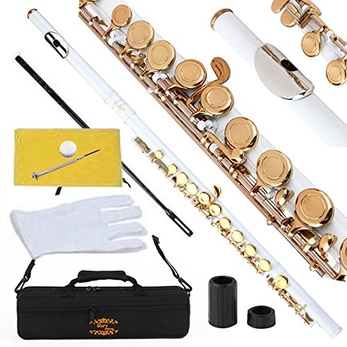 Glory Closed Hole C Flute With Case, Tuning Rod And Cloth,Joint Grease And Gloves White/Laquer