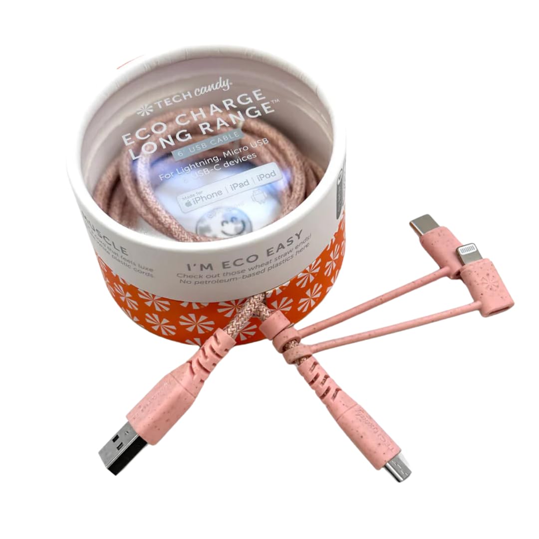 Tech Candy Eco Charge Usb Cable, Rose/Pink   3 Tip Universal Charger, Usb A To Lightning/Micro Usb/Usb C, 6 Long Cord, Made With