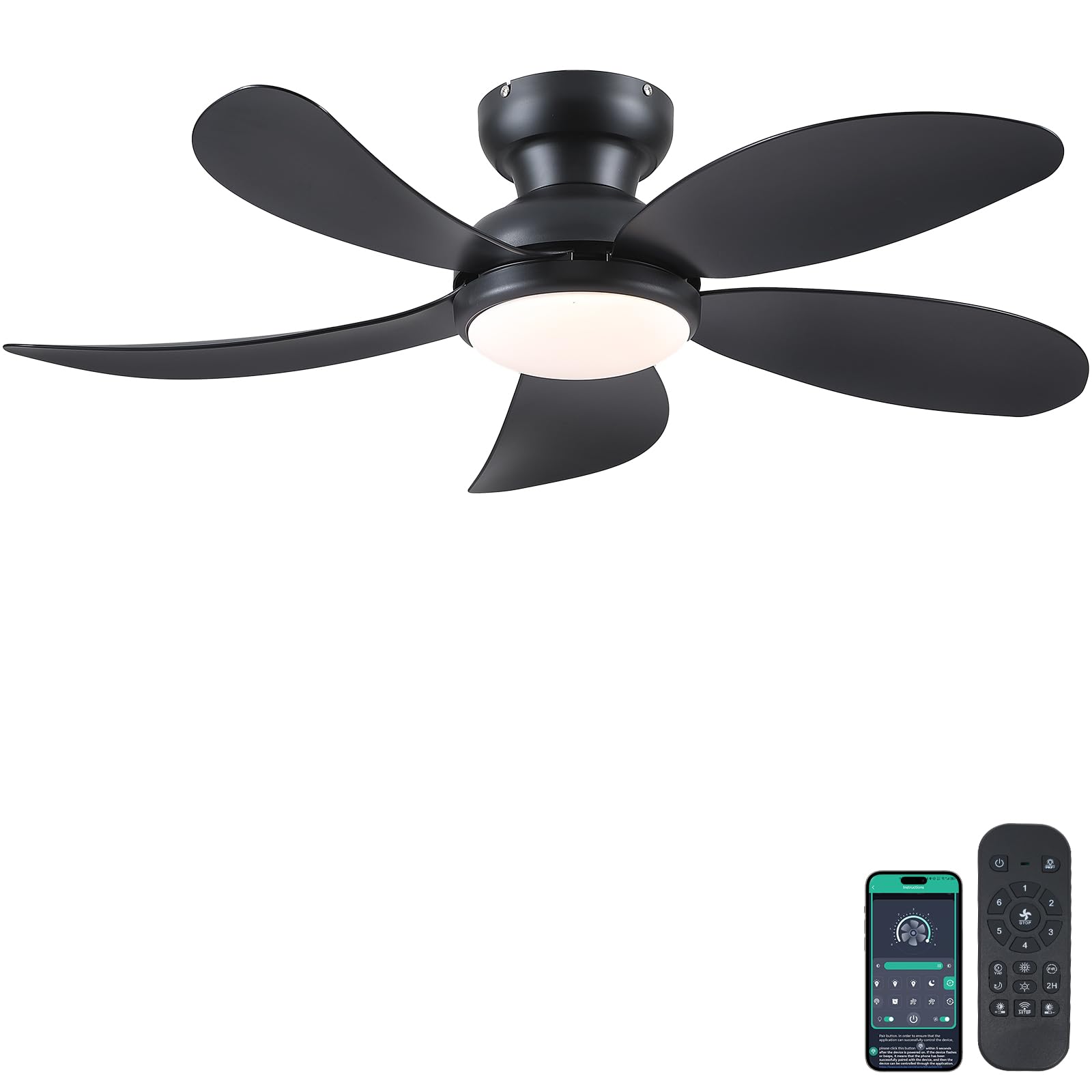 PHORUS 42 Black Low Profile Ceiling Fans with Lights and Remote,Small Flush Mount Ceiling Fans with Quiet Reversible DC Motor, D