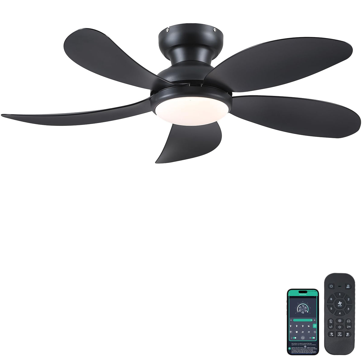 Phorus 42'' Black Low Profile Ceiling Fans With Lights And Remote,Small Flush Mount Ceiling Fans With Quiet Reversible Dc Motor,