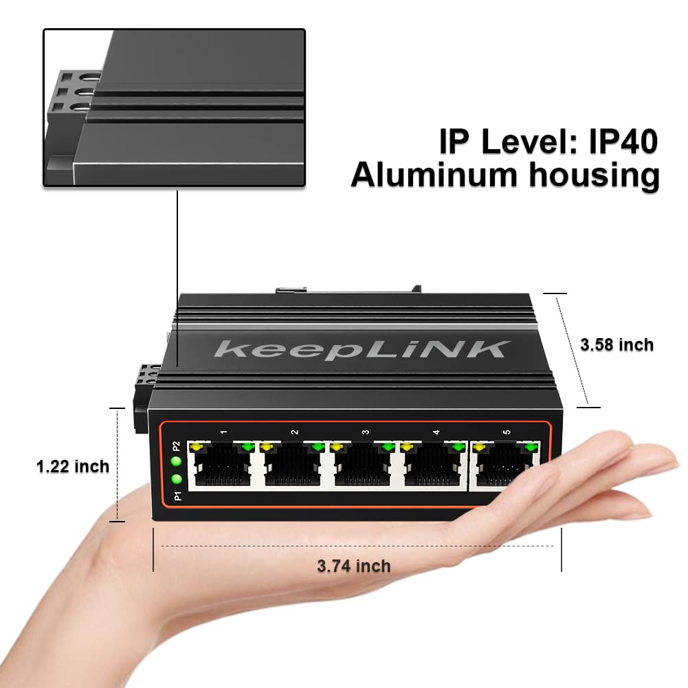 Keeplink 5 Port Industrial Ethernet Switch, Unmanaged 10/100Mbps Din Rail Network Switch, Ip40, Operating Temperature Range Of