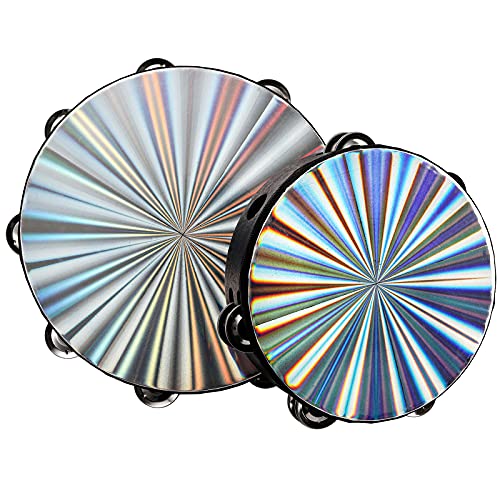 Youeon 2 Pack Radiant Tambourine With Double Row Jingles, 8/10 Inch Wood Handbell Music Reflective Drum, Hand Drum Percussion In