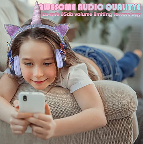 Unicorn Wireless Headphones For Kids,Cat Ear Bluetooth 5.0 Over Ear Headphones With Microphone For Cellphone/Ipad/Laptop/Pc/Tv/P