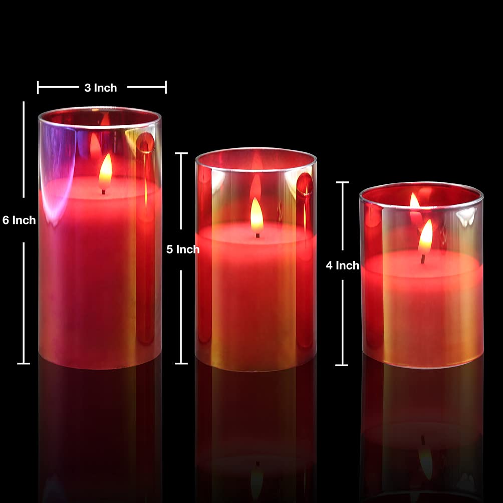 Eywamage Red Glass Flameless Led Pillar Candles With Remote, Flickering Battery Christmas Candles Set Of 3