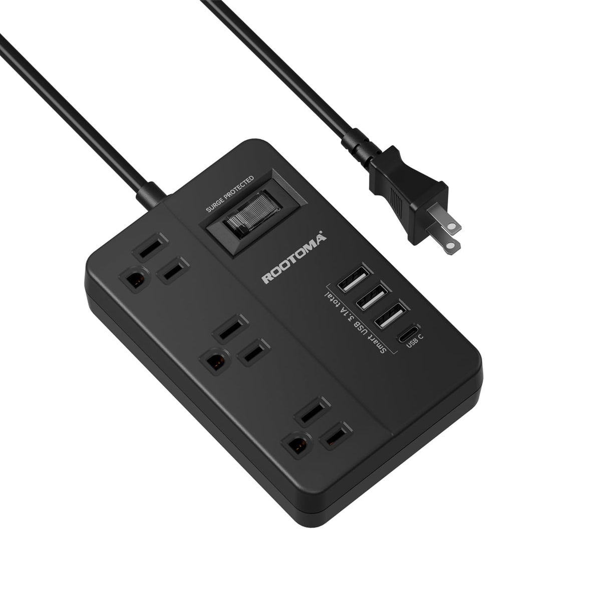 2 Prong Power Strip Black, Rootoma 2 Prong To 3 Prong Outlet Adapter, 1080J 2 Prong Surge Protected With 3 Outlet & 4 Usb, 3 Pro