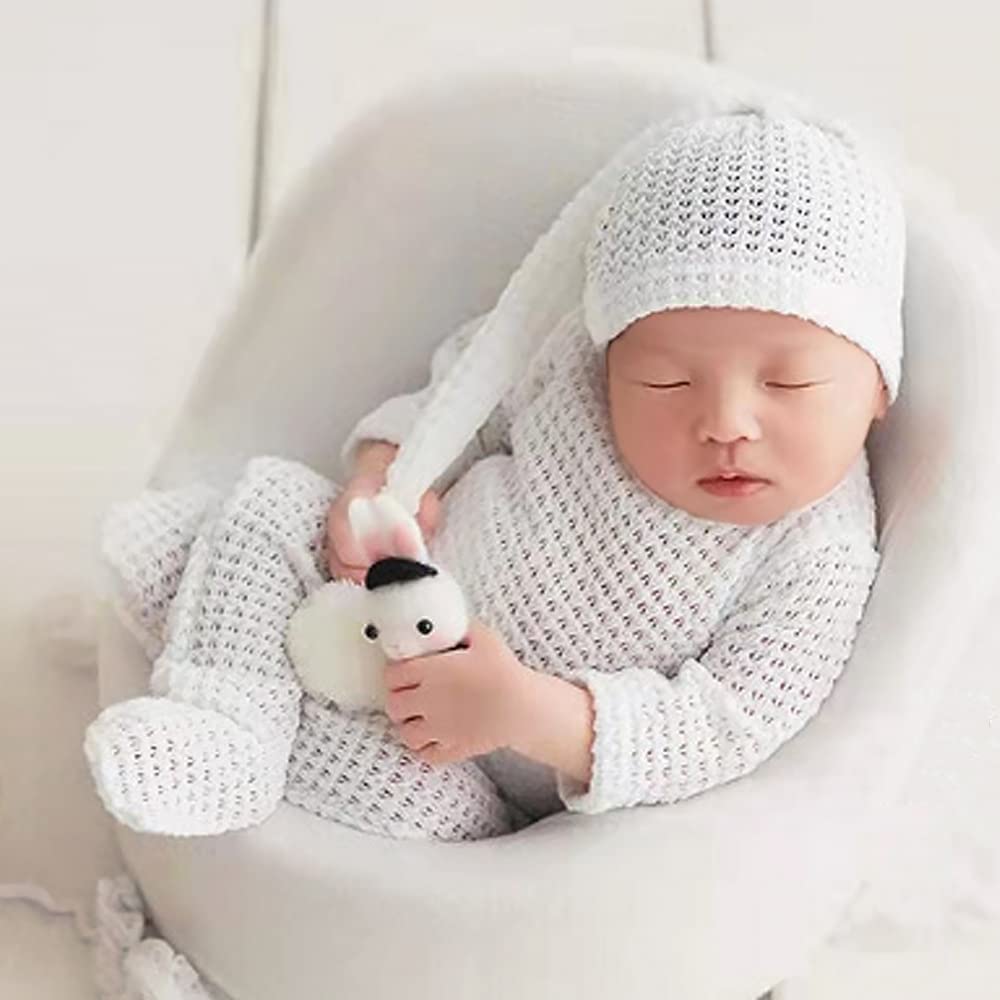 Newborn Baby Photo Shoot Props Girl Boy Crochet Knit Hat Costume Stripe Hat Pants Overalls Photography Props (Off White)
