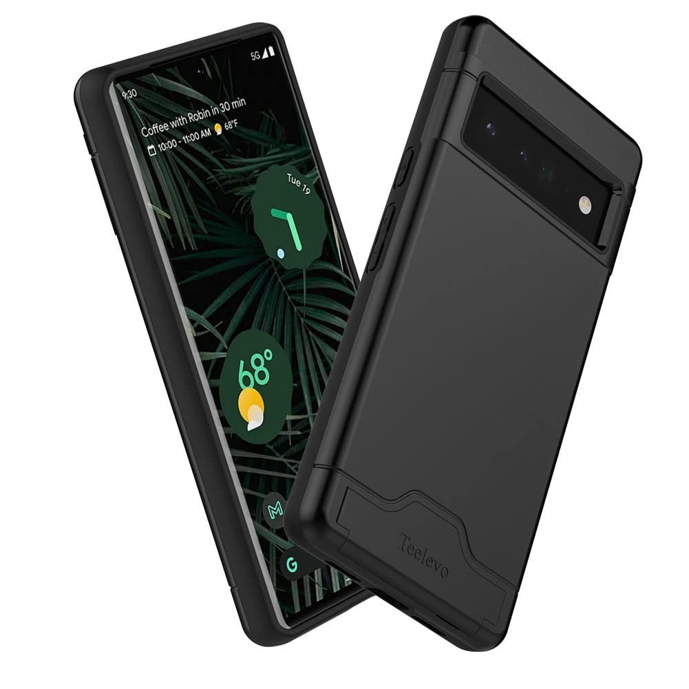Teelevo Wallet Case Google Pixel 6 Pro Dual Layer Card Slot Kickstand PC TPU Black