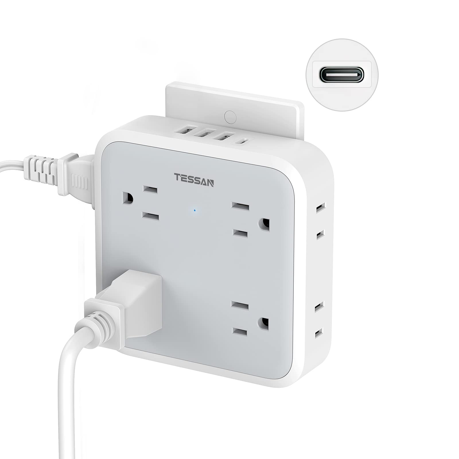 Usb Wall Charger, Surge Protector Outlet Extender, Tessan Outlet Splitter With Usb C Charger Block, 8 Ac Multiple Power Splitter