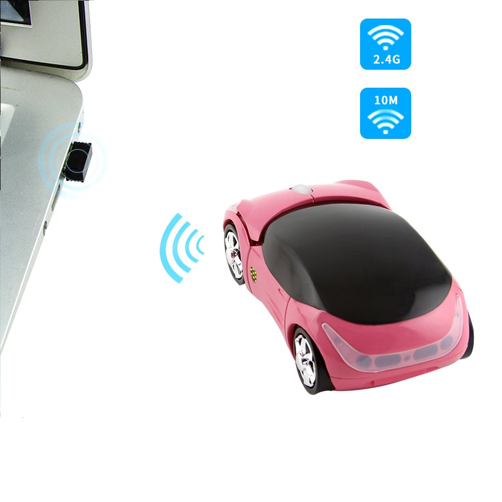Usbkingdom Wireless Mouse, 2.4Ghz Car Shaped Wireless Pink Mouse Cool 3D Ergonomic Optical Gaming Mice With Usb Receiver For Pc