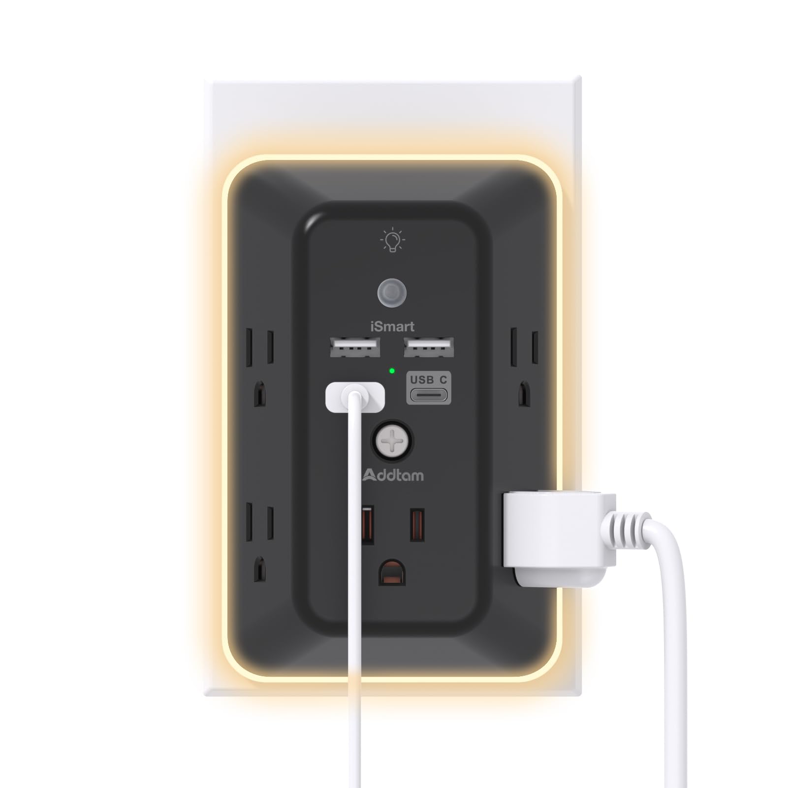 Surge Protector, Outlet Extender With Night Light, Addtam 5 Outlet Splitter And 4 Usb Ports(1 Usb C), Multi Plug Wall Outlet For