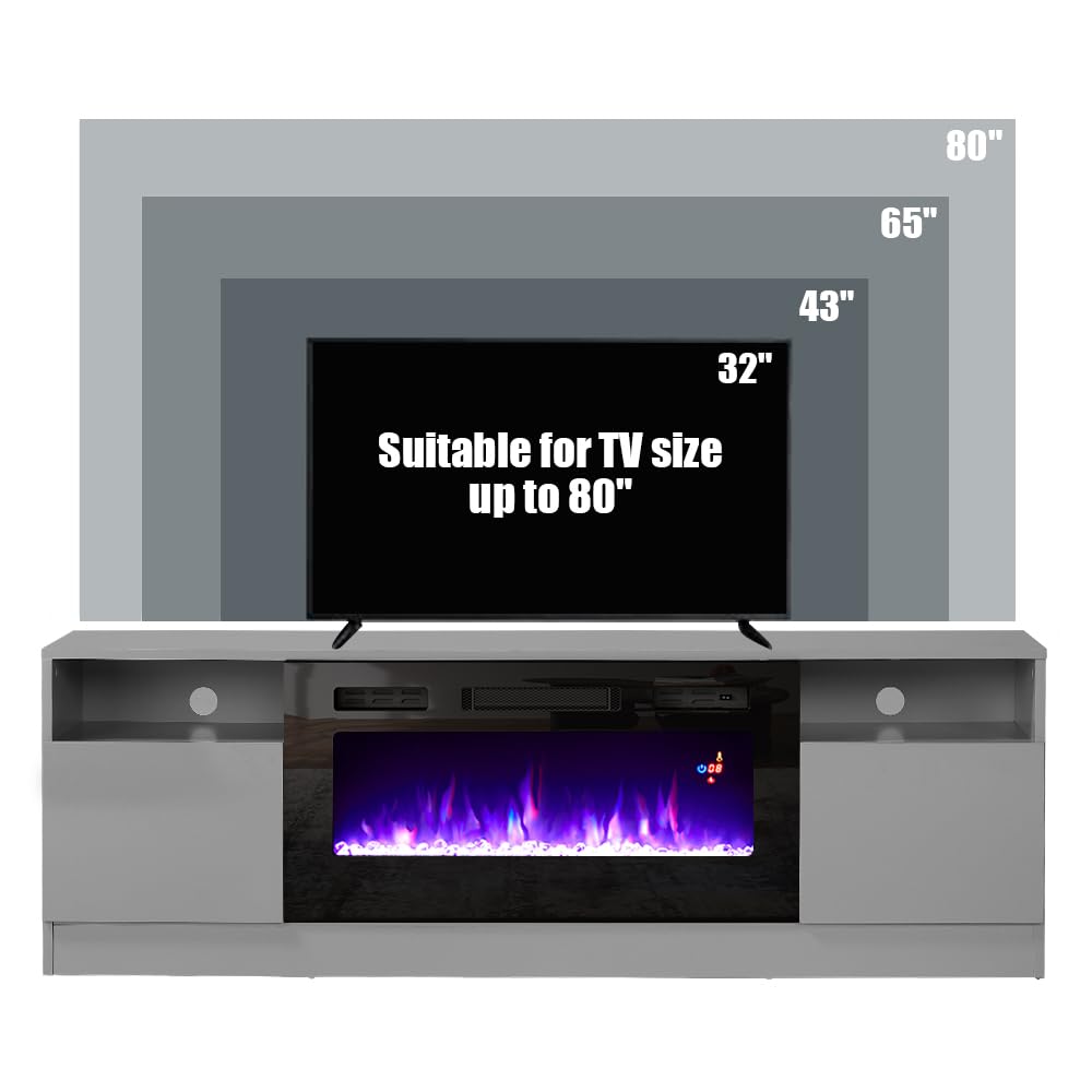 Amerlife Tv Stand With Fireplace, Led Light Entertainment Center With 36'' Electric Fireplace, 70'' Modern Wood Entertainment St