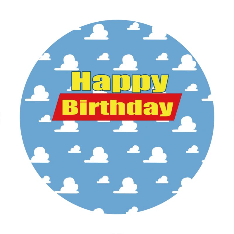 Leyiyi 7.2X7.2Ft Cartoon Happy Birthday Round Backdrop Blue Sky White Clouds Round Background For Photography Children Kids Baby