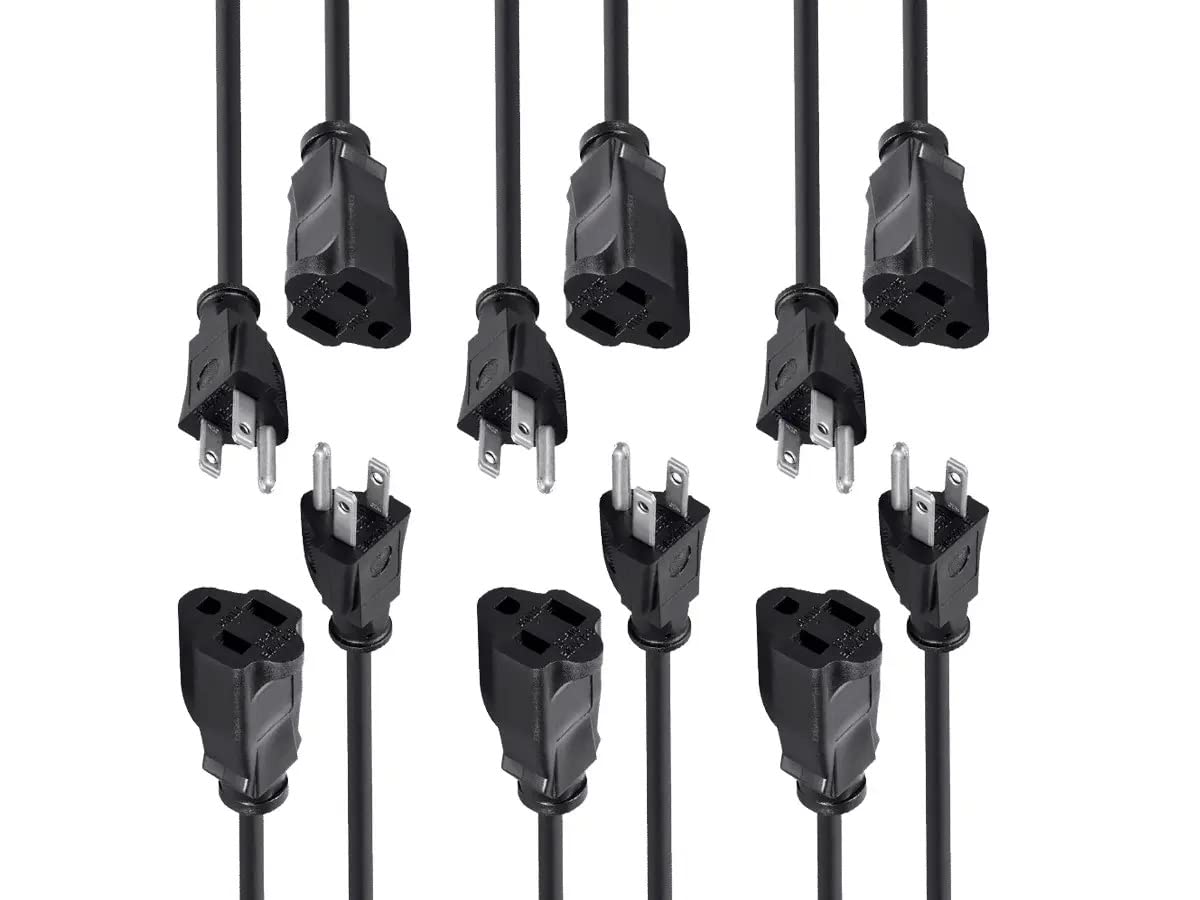 Monoprice 3 Prong Extension Cord   6 Feet   Black (6 Pack) Nema 5 15P To Nema 5 15R, 16Awg, 13A
