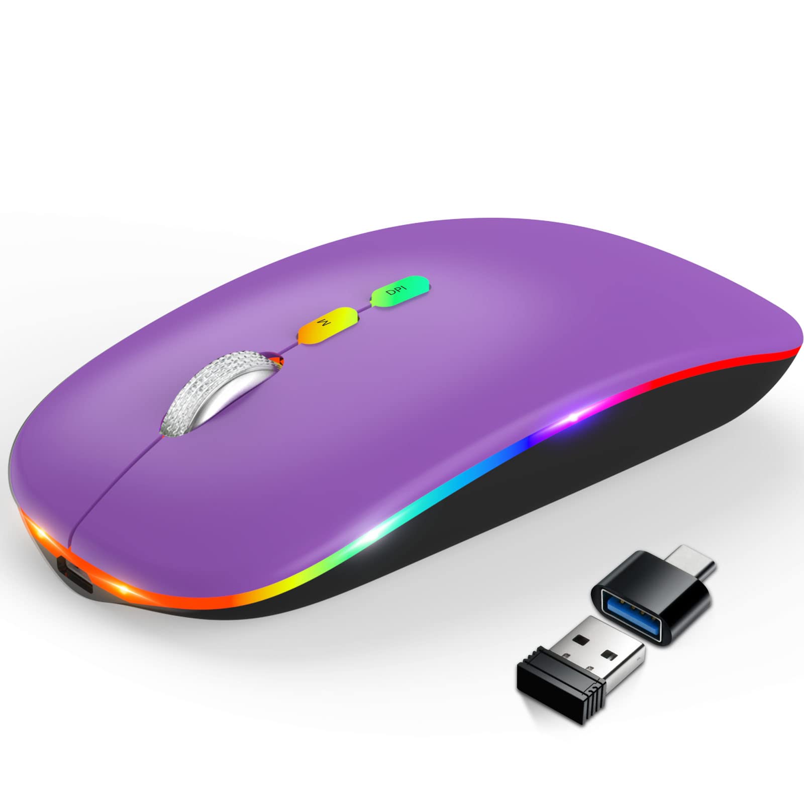 Hotlife Wireless Bluetooth Mouse, Slim Rechargeable Led Mouse, 2.4G Portable Usb Optical Mouse With Type C Adapter, Purple
