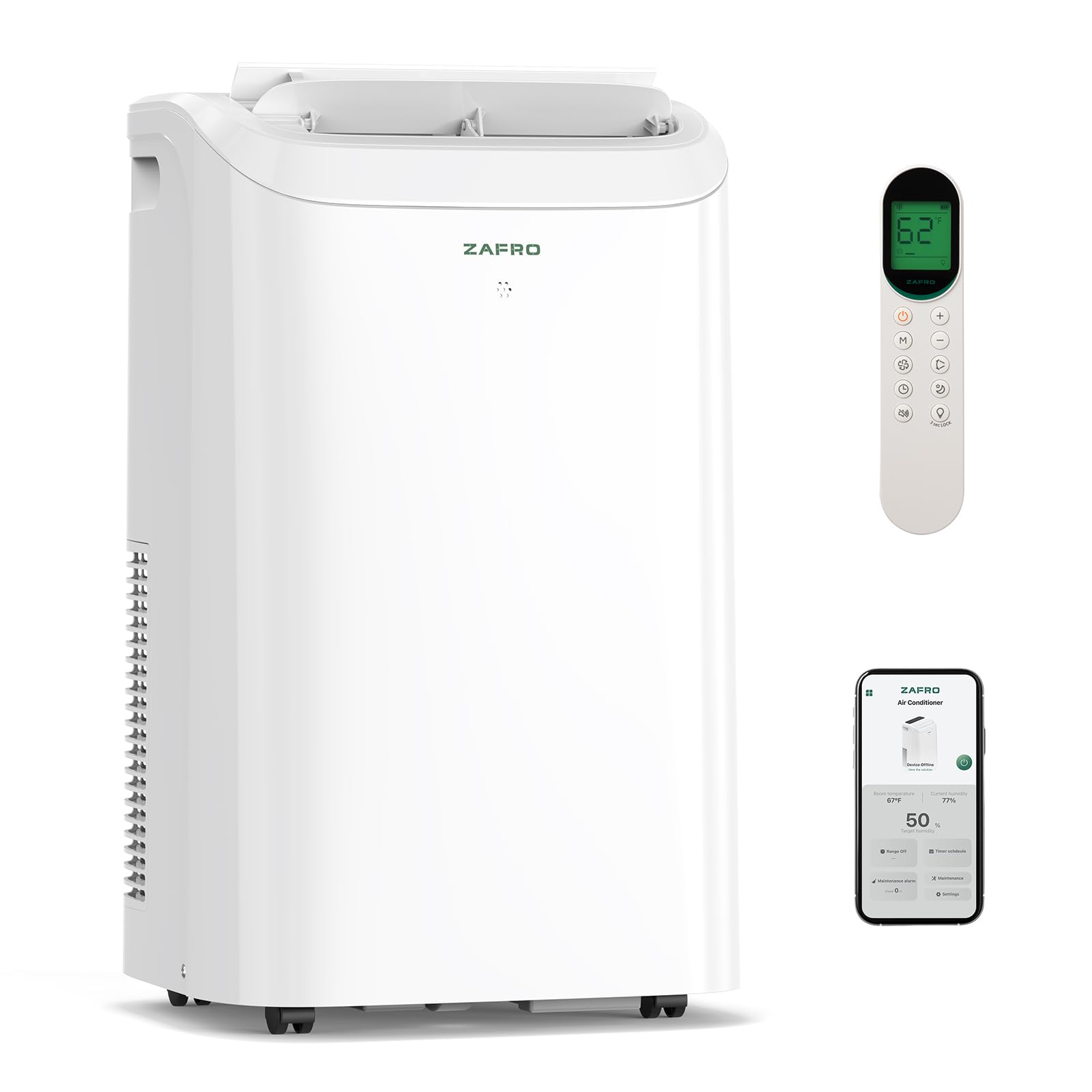 ZAFRO Portable Air Conditioner 14,000 BTU (10,000 BTU SACC), 46dB-Quiet Cooling, WiFi/App Control, 24H Timer with Fan & Dehumidi