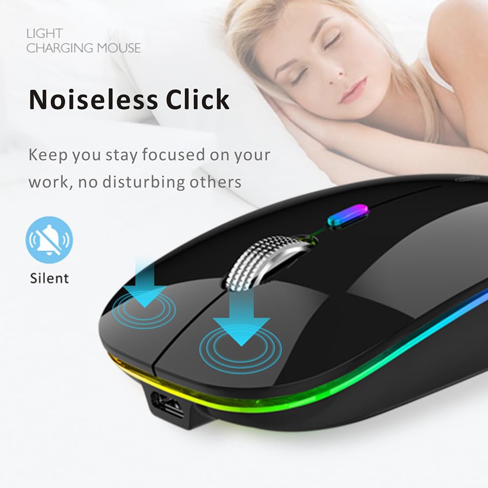 Uiosmuph Led Wireless Silent Mouse, G12 Slim Rechargeable, 2.4G Portable Optical Computer Mice With Usb Receiver And Type C Adap