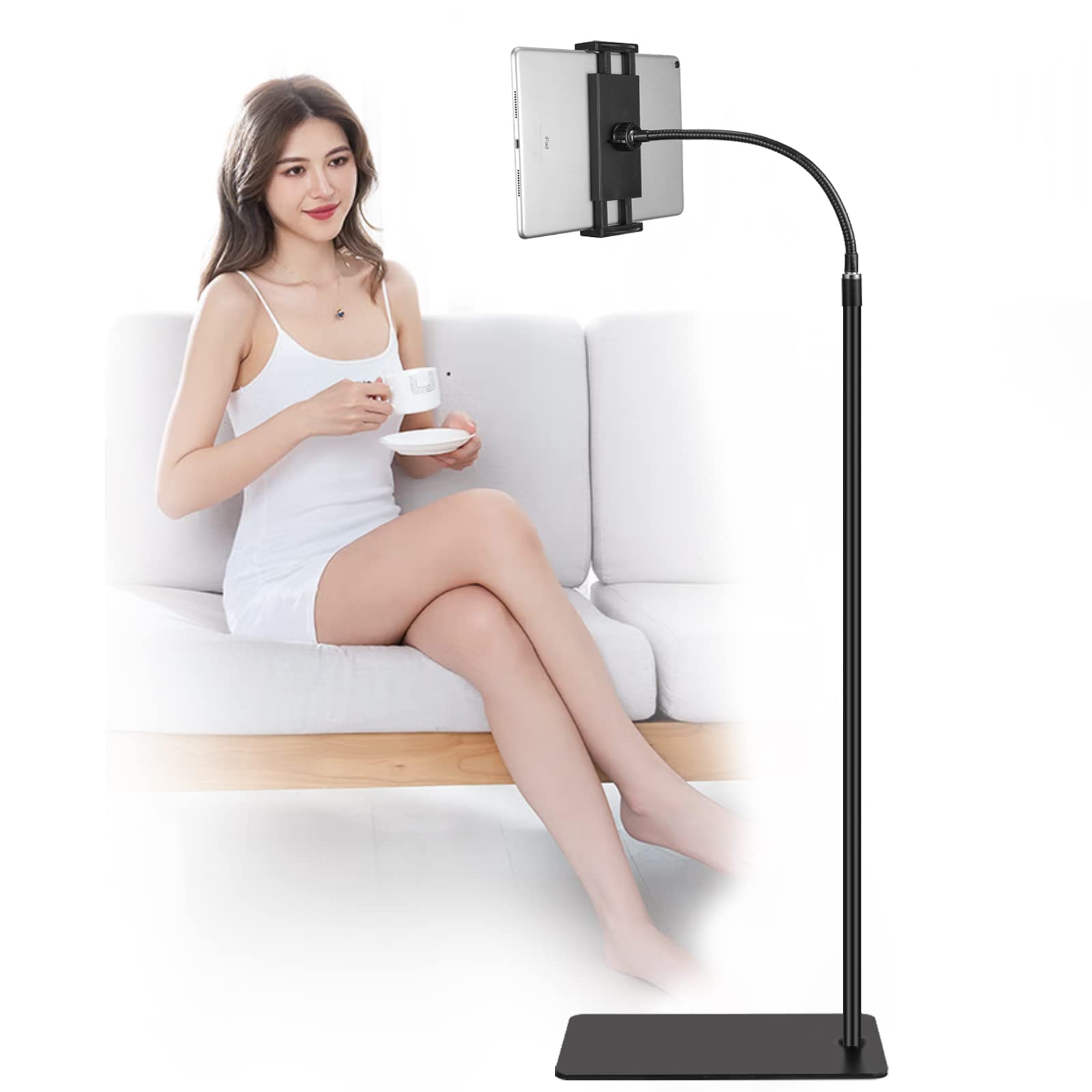 Lucky Trip Tablet Floor Stand,360 Degree Rotatable Metal Tablet Holder With Flexible Gooseneck Holder Long Arm, Compatible With 