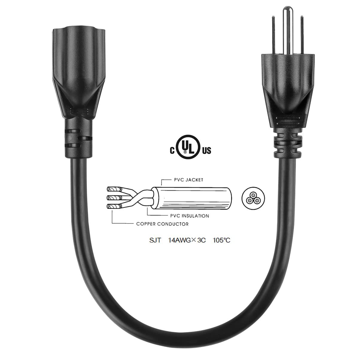 Vseer Ul Listed Sjt 14 Awg Heavy Duty Ac Short Power Extension Cord Cable   Sjt 14/3C Nema 5 15P To Nema 5 15R (15A/125V), Black