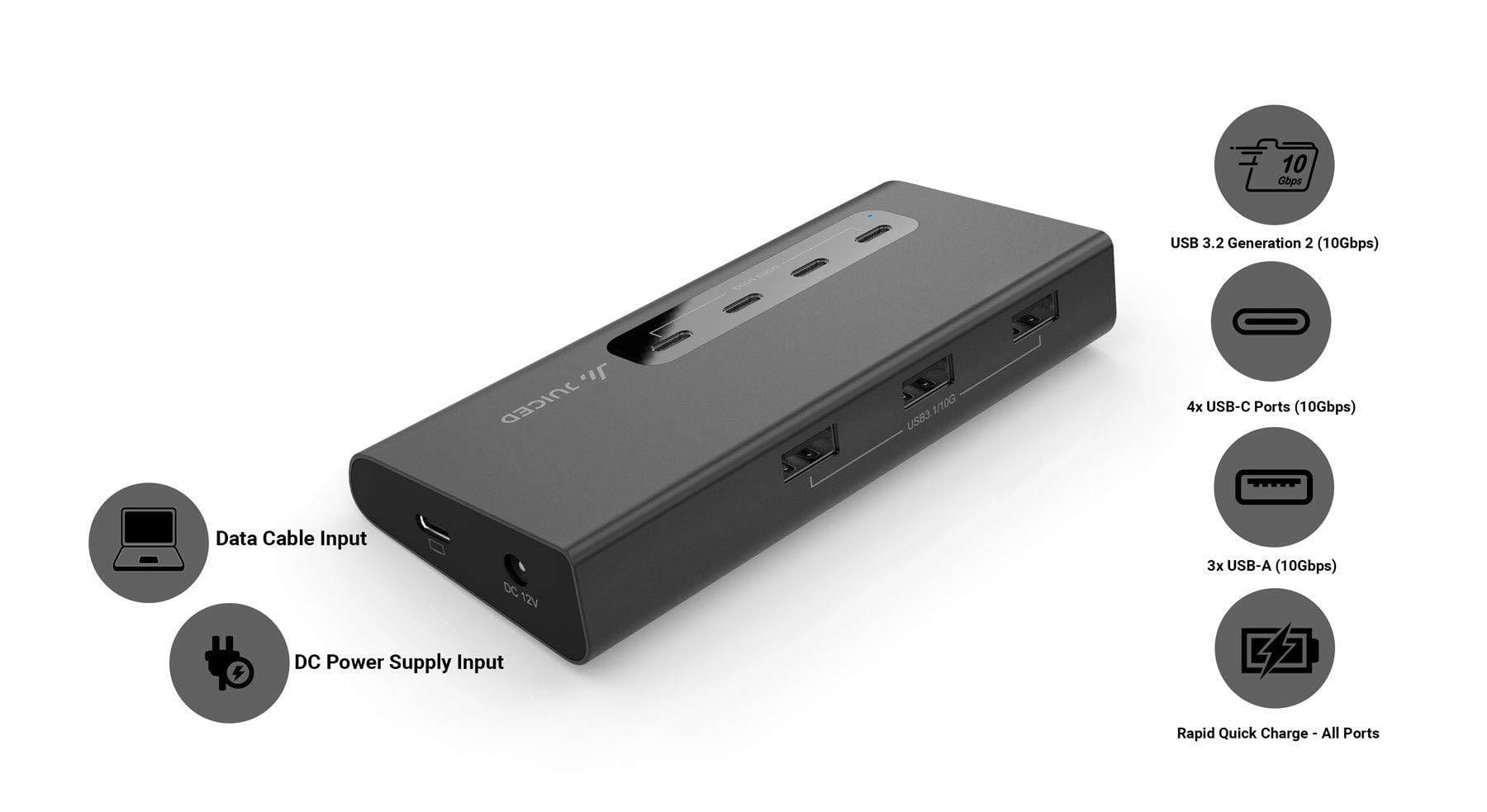 Juiced Systems Vertexhub High Speed Usb C & Usb A Hub   10 Gbps Transfer, Usb 3.2 Gen 2, 4X Usb C Ports, 3X Usb A Ports, Fast Charging