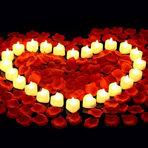 Cridoz 2000 Pieces Artificial Rose Petals With 24 Led Tea Lights Candles, Romantic Decorations Special Night Set For Night, Vale