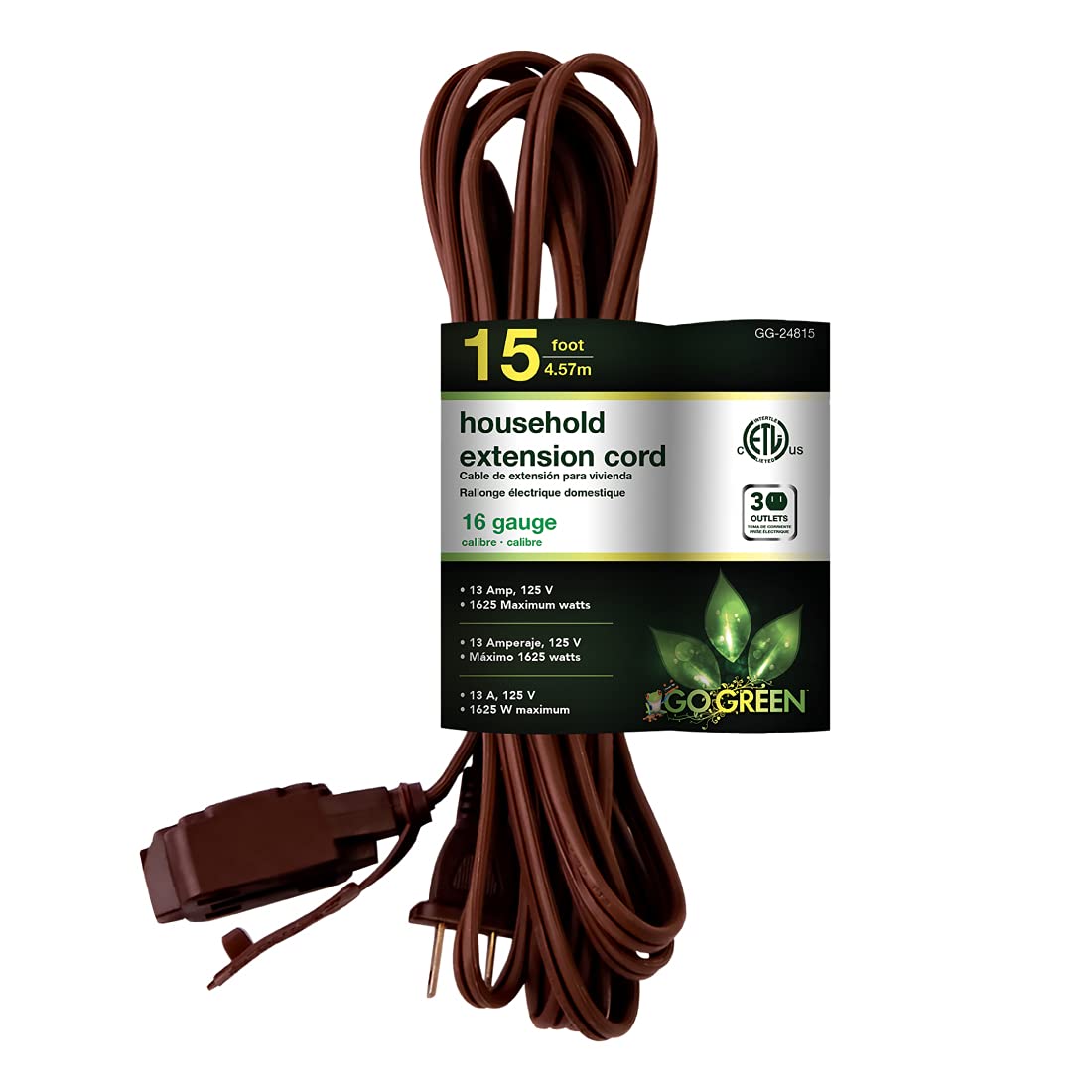 Go Green Power Inc. 16/2 15Ft Household Extension Cord With 3 Outlets, Brown   Discreet, Kink Free, Child Safety Covers For Extra Protection   Perfect For Daily Use   Gg 24815
