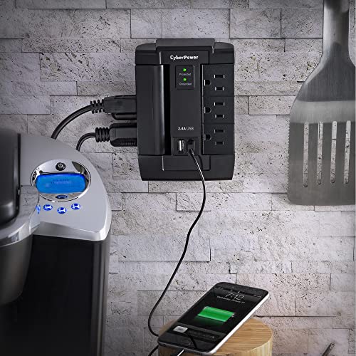 Cyberpower Csp600Wsu Surge Protector, 1200J/125V, 6 Swivel Outlets, 2 Usb Charging Ports, Wall Tap Design, Black