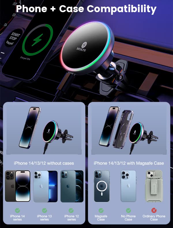 Mokpr For Magsafe Car Mount Charger-Wireless Car Charger-Magnetic Car Phone Holder For Dash Air Vent-Led Rgb Handsfree Car Mount