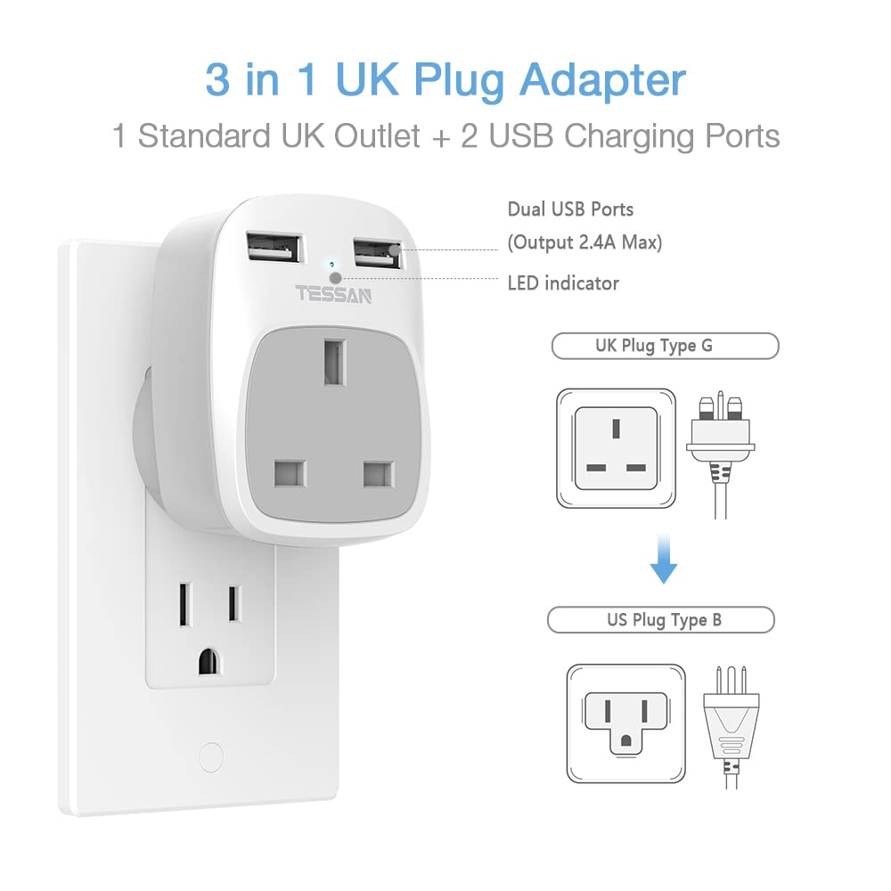 Tessan Uk To Us Plug Adapter, Uk Plug Adapter With Ac Outlet 2 Usb Ports, Uk Power Adapter Converts Type G Uk Ireland Singapore