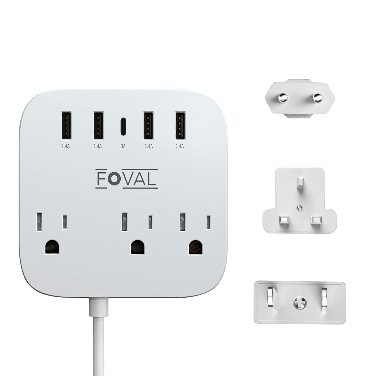 European Travel Plug Adapter, Foval Eu Uk Us Power Strip With Usb C And 4 Usb Ports, 3 Ac Outlets, Wall Mountable, 5Ft Extension