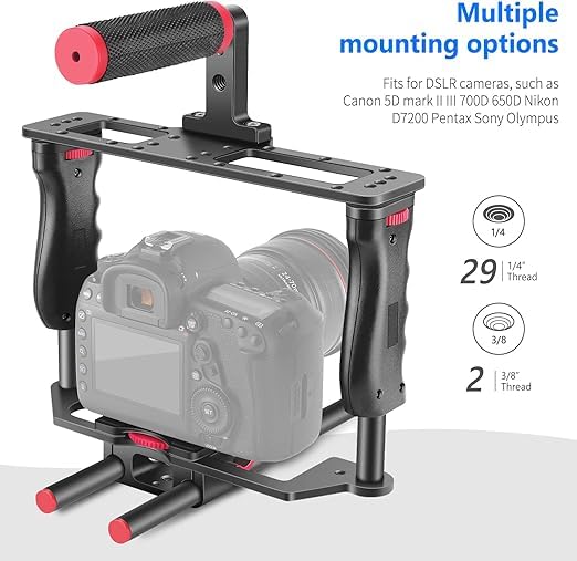 Neewer Camera Video Cage Film Movie Making Kit, Aluminum Alloy With Top Handle, Dual Hand Grip, Two 15Mm Rods, Compatible With C