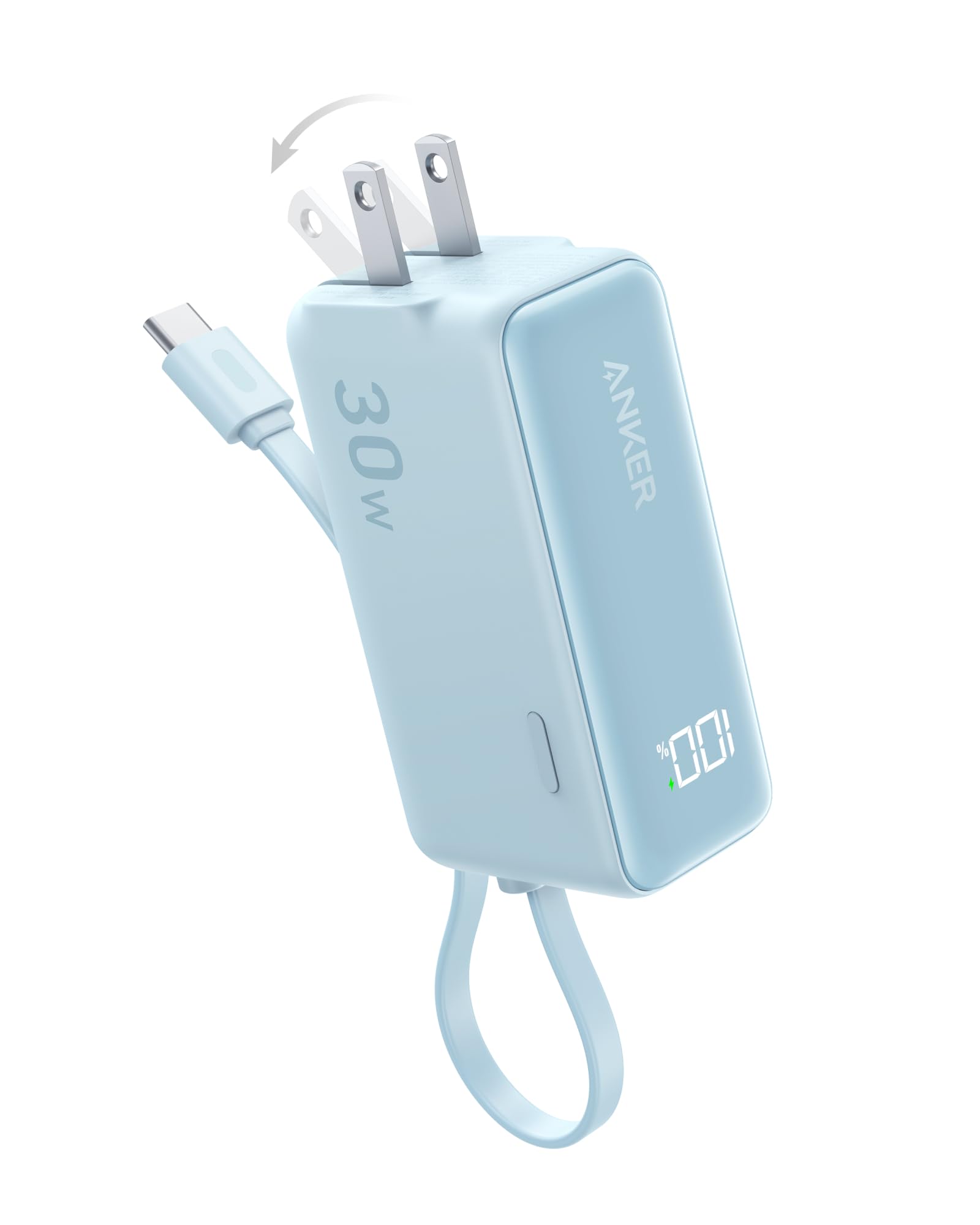 Anker Power Bank Usb C Charger Block, 3 In 1 5,000Mah Portable Charger With Built In Usb C Cable And Foldable Ac Plug, 30W Max C