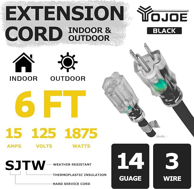 Yojoe Indoor Outdoor Extension Cord With Lighted End, 3 Prong 15A Weatherproof Power Extension Cord, 14 Gauge Heavy Duty 6 Ft Bl