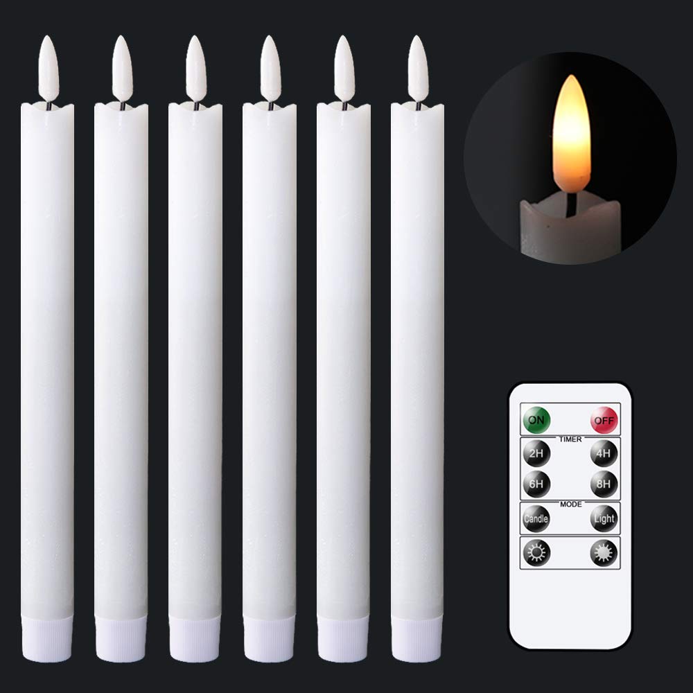 Genswin Flameless White Taper Candles Flickering With 10-Key Remote, Battery Operated Led Warm 3D Wick Light Window Candles Real