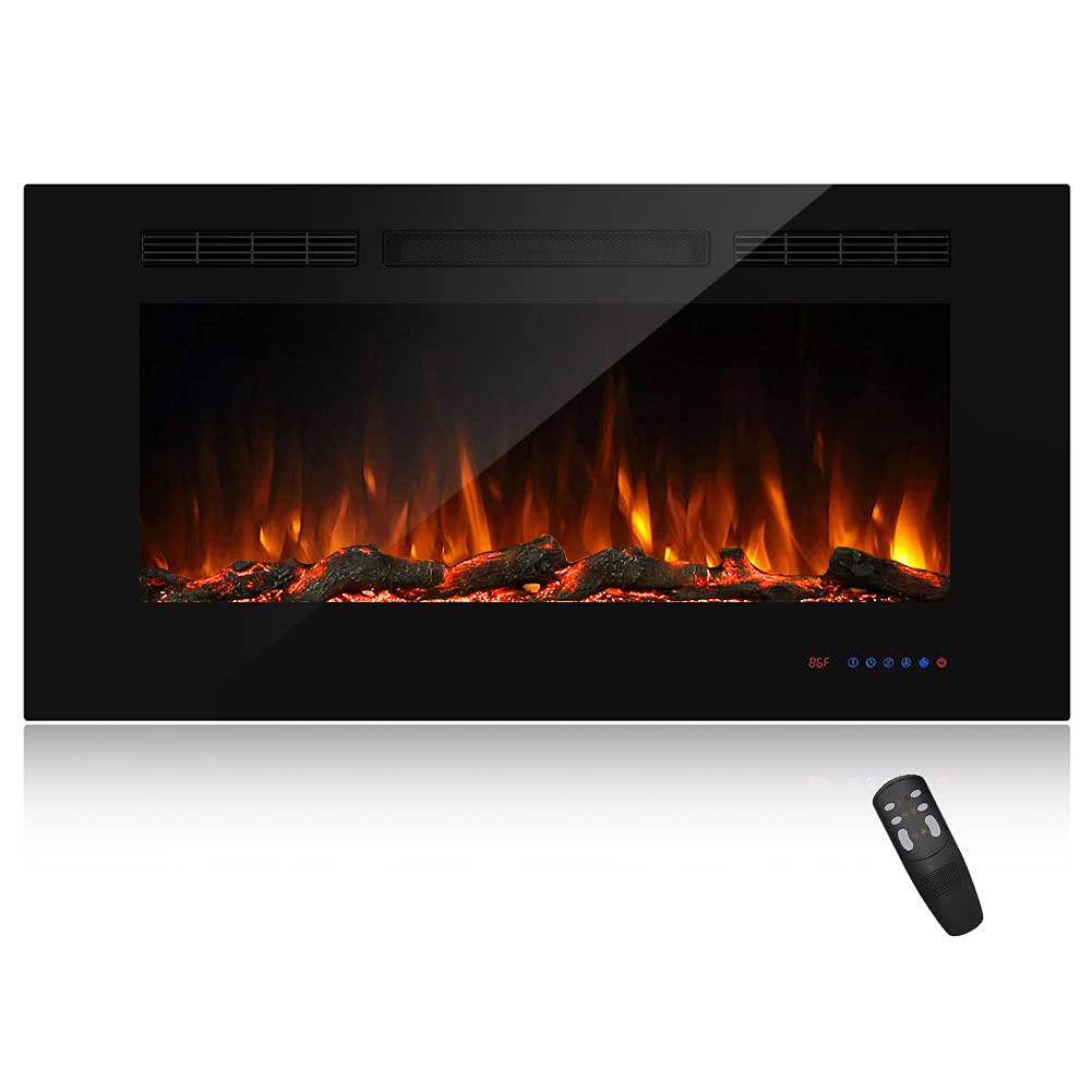 Masarflame 42 Recessed Electric Fireplace Insert, 5 Flame Settings, Log Set or Crystal Options, Temperature Control by Touch Pan