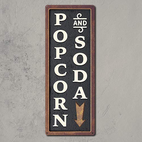 Popcorn And Soda, 5.75 X 15.5 Inch Aluminum Sign, Vintage Home Theater Wall Decor For Movie, Media, Cinema Room And Gifts For Mo