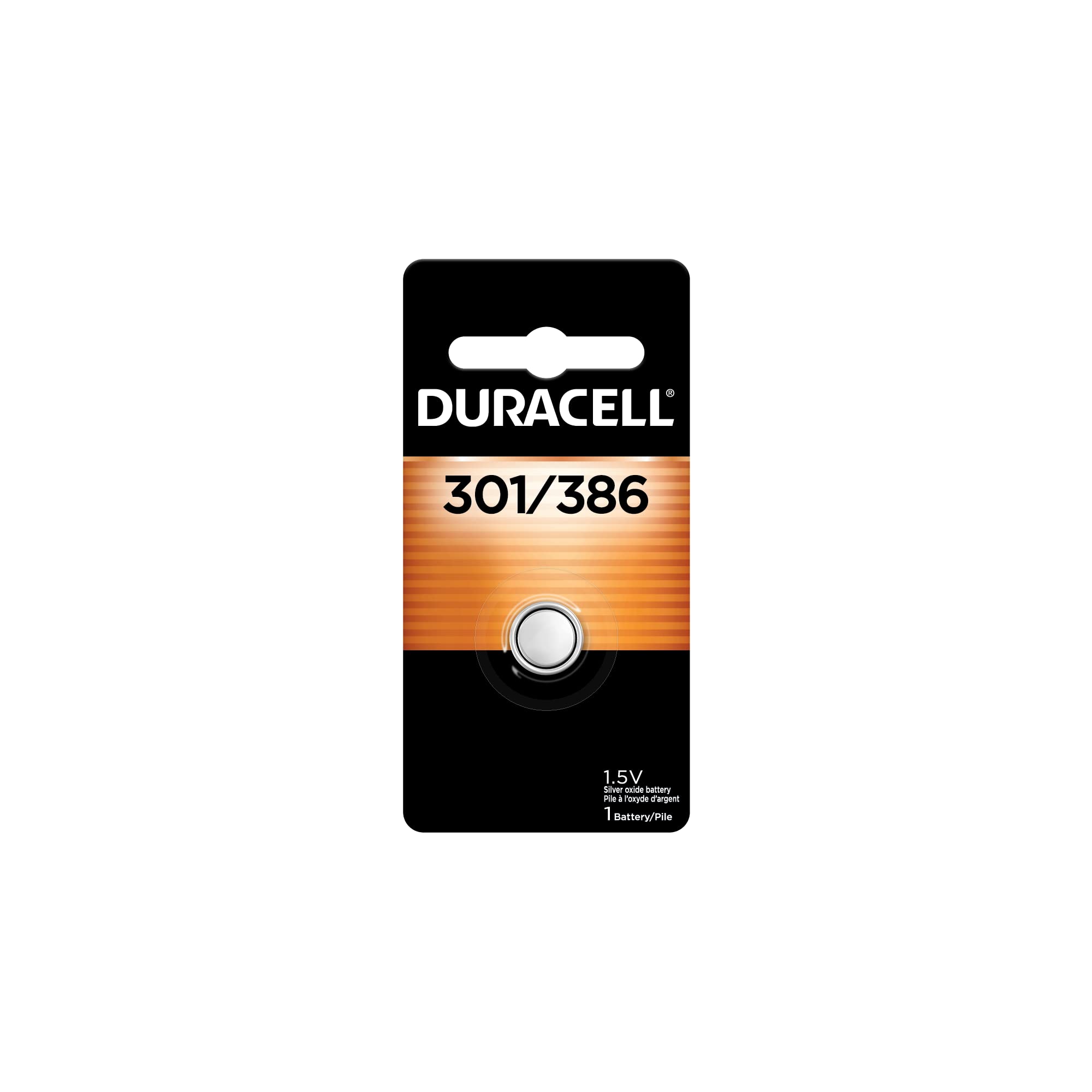 Duracell 301/386 Silver Oxide Button Battery, 1 Count Pack, 301/386 Battery, Long Lasting For Watches, Medical Devices, Toys, An