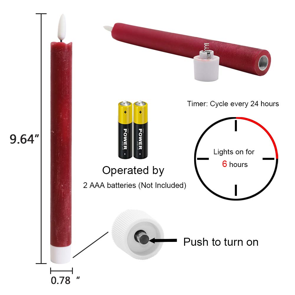 Dromance Red Flameless Taper Candles Battery Operated With 6H Timer, Real Wax 3D Wick Flickering Led Taper Candles Dinner Weddin
