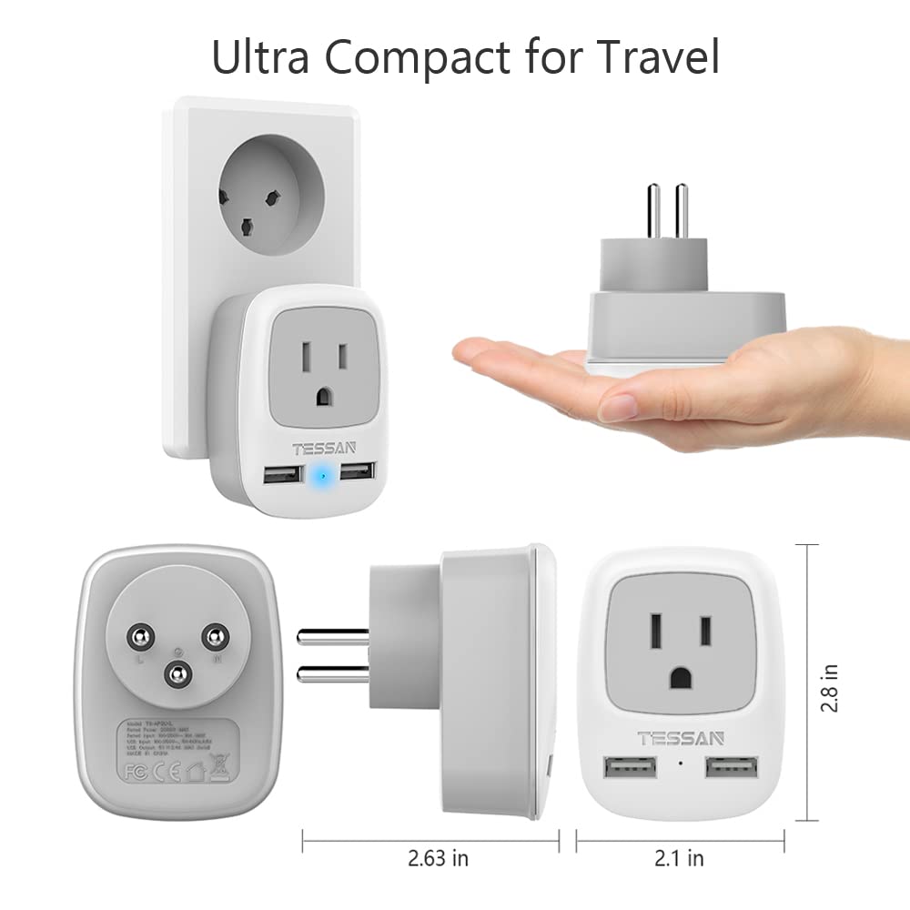 Tessan Israel Power Adapter, Type H 3 Prong Grounded Travel Plug Adaptor With 2 Usb Phone Charger 1 American Outlet For Us To Is