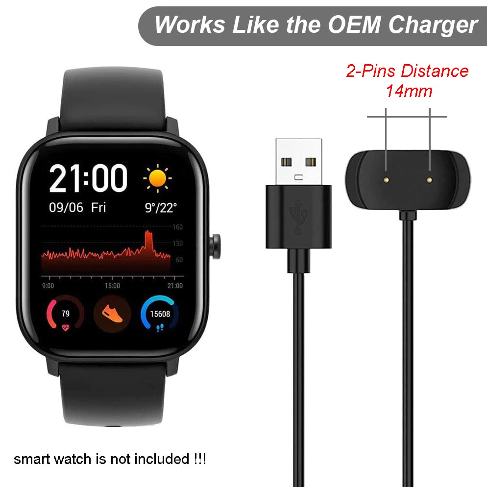 Emilydeals Magnetic Charging Cable for Amazfit Bip 5, Bip 3 Pro, GTS 2, GTR 2 - 3.3ft Black Replacement Charger for Smart Watches